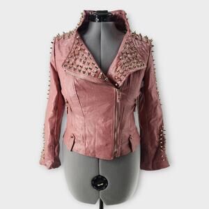 SX Honey Pot Spiked Jacket Womens S Faux Leather Baby Pink Belted Punk Moto NWT